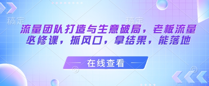 流量团队打造与生意破局，老板流量必修课，抓风口，拿结果，能落地-徐小晨博客