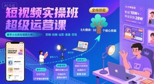 短视频实操班超级运营课，新手小白到短视频大神必修课程，剪辑-拍摄-运营-直播-变现-徐小晨博客