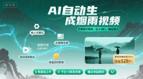 不用拍不用剪！AI自动生成烟雨视频，日入5张+，睡后收入-徐小晨博客