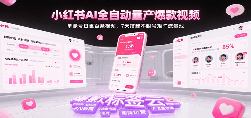 小红书AI全自动量产爆款视频，单账号日更百条视频，7天搭建不封号矩阵流量池-徐小晨博客