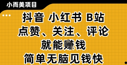 小而美的项目，抖音小红书B站视频点赞、关注、评论就能挣钱，简单无脑立见收益，妥妥的零撸项目【揭秘】-徐小晨博客