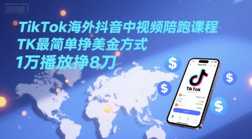 TikTok海外抖音中视频陪跑课程，TK最简单挣美金方式，1万播放挣8刀-徐小晨博客