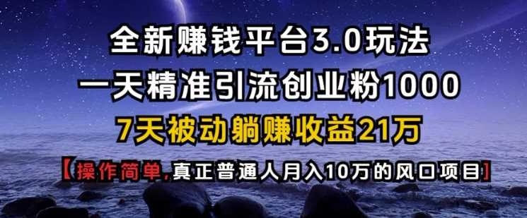 全新赚钱平台3.0玩法一天精准引流创业粉1000.7天被动躺Z收益21W【仅揭秘】-徐小晨博客