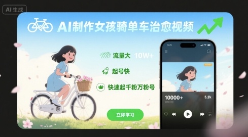 AI制作女孩骑单车治愈视频，流量大，起号快，快速起千粉万粉号-徐小晨博客